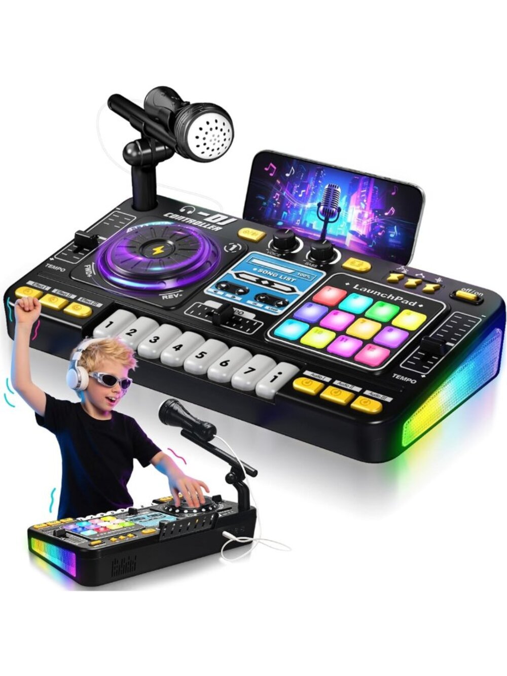 Kids DJ Mixer Set - Toddler Turntable with Lights, Game Mode, Microphone & Speed